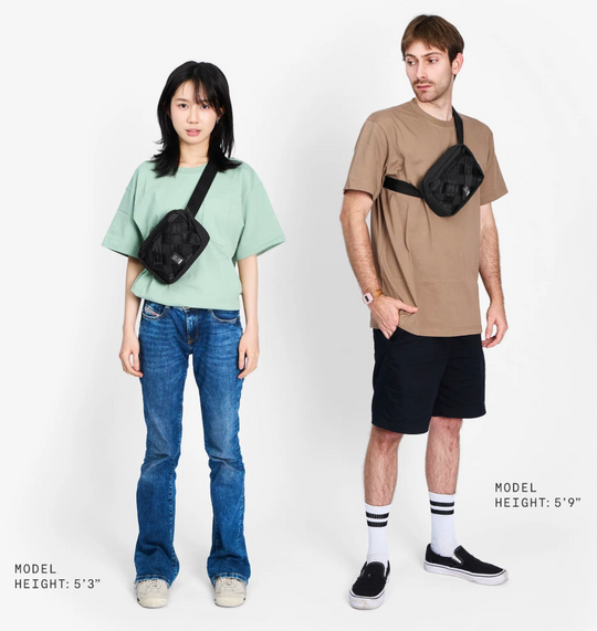 Two people wearing crossbody bags on a white background for sizing