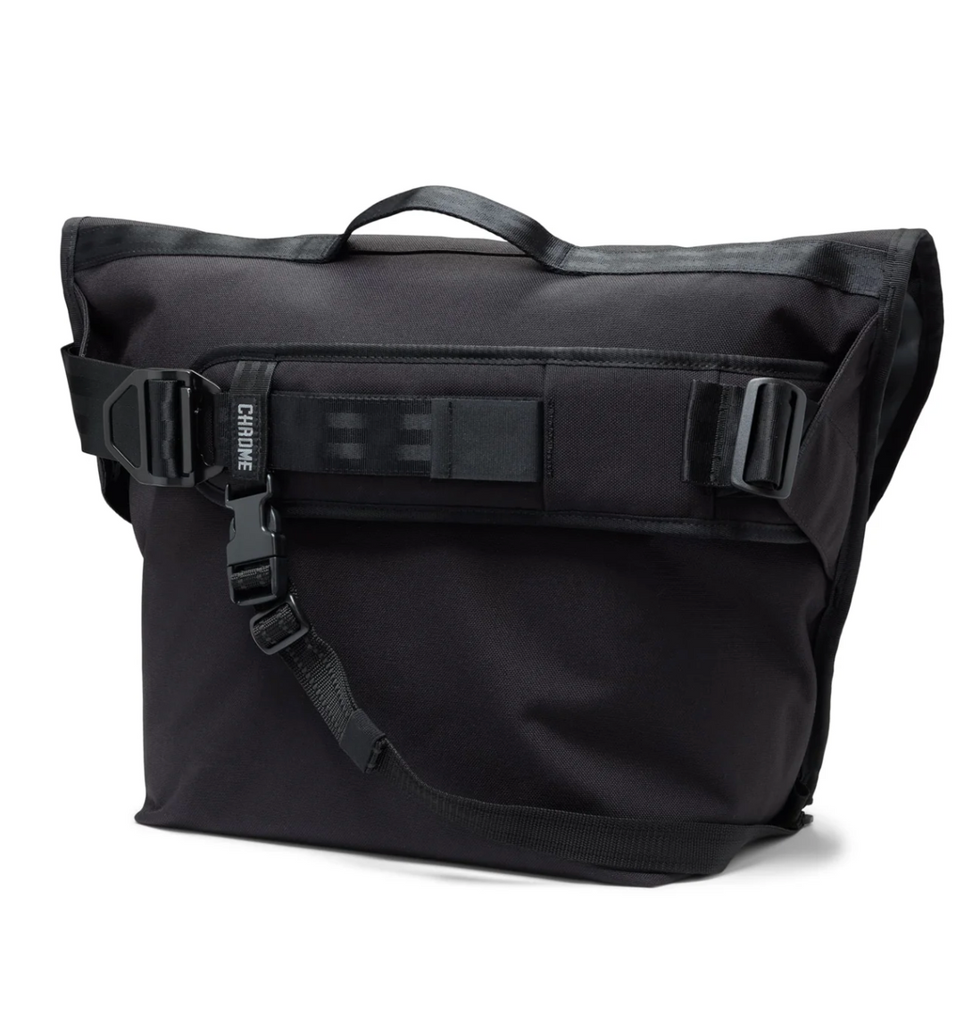 Black roll-top bag with visible branding on a white background
