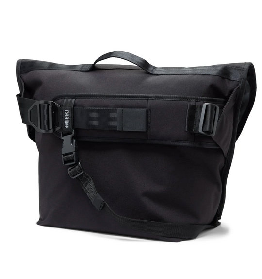 Black roll-top bag with visible branding on a white background
