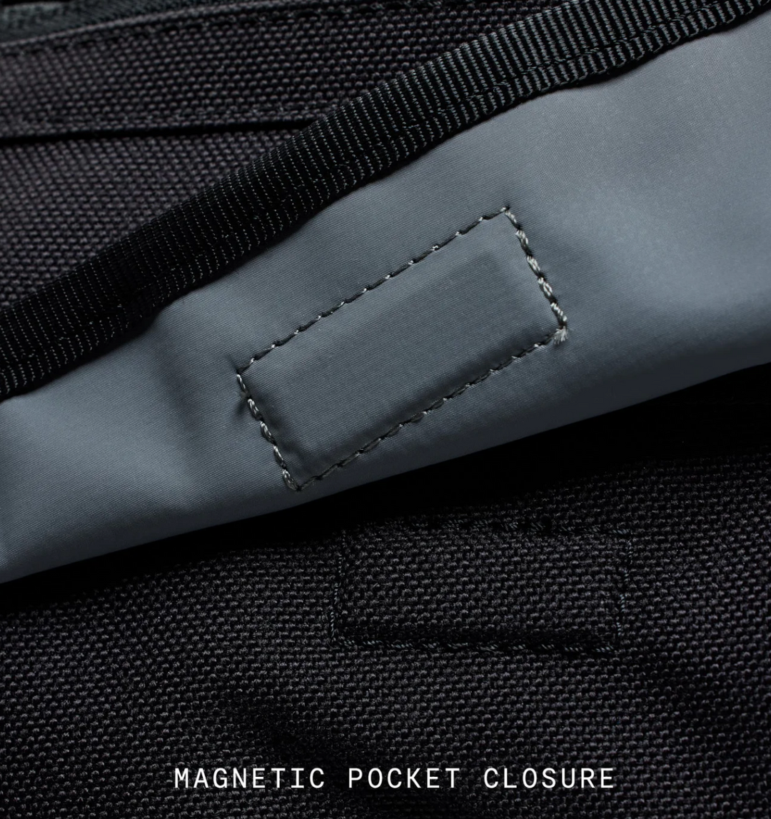 Close-up of a magnetic pocket closure on a bag with text overlay.