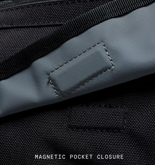 Close-up of a magnetic pocket closure on a bag with text overlay.