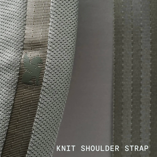 Close-up of a knit shoulder strap with a brand logo on a gray background