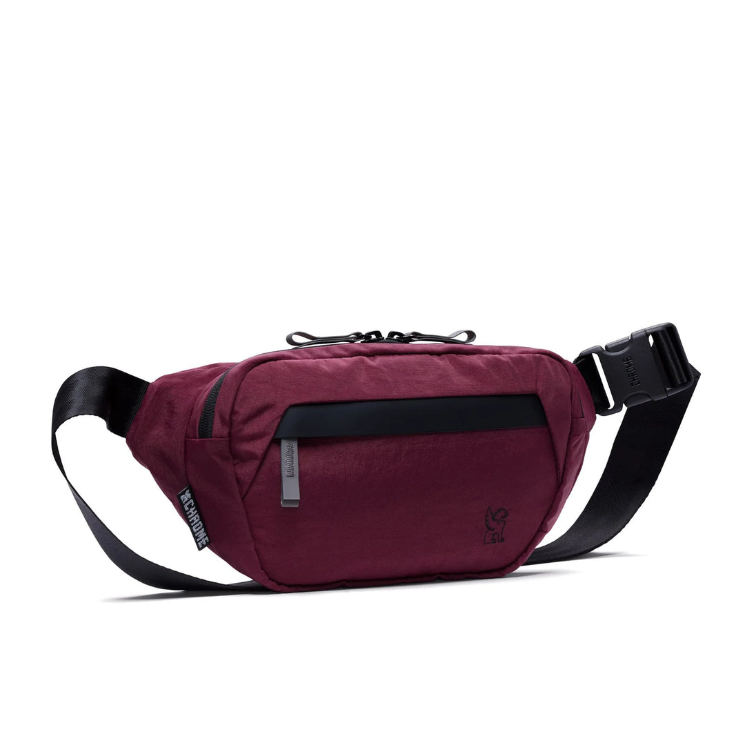 Maroon waist bag with black strap on a white background