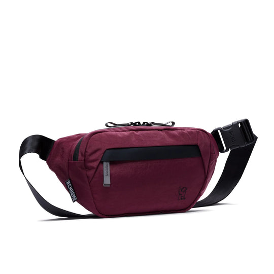 Maroon waist bag with black strap on a white background