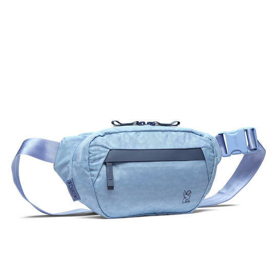 Light blue waist bag with a strap on a white background