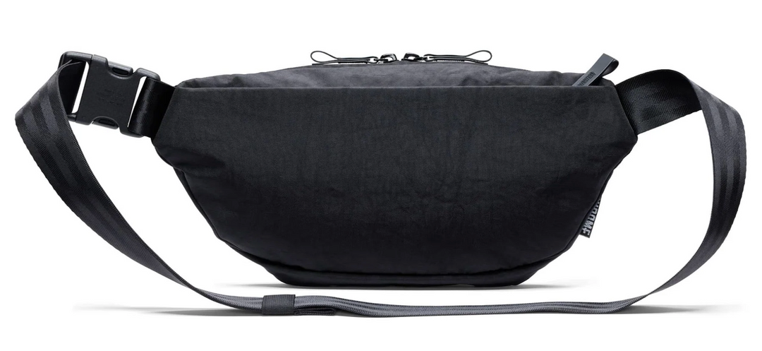 Black waist bag with a strap on a white background