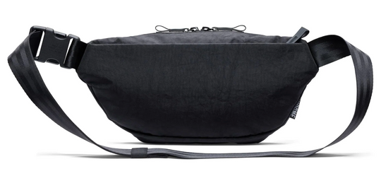 Black waist bag with a strap on a white background