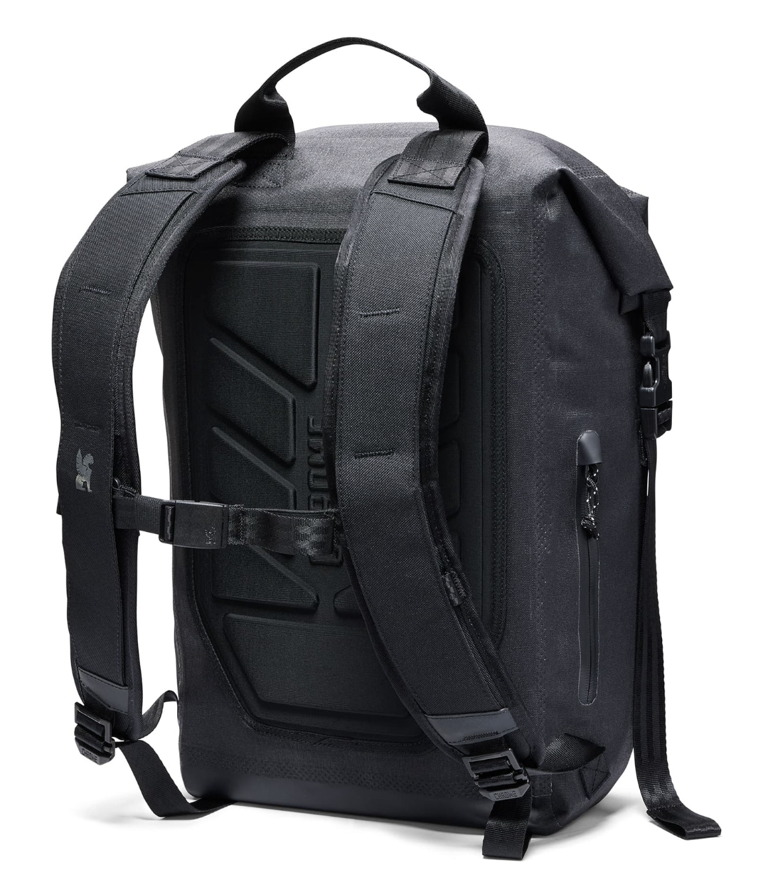 Black backpack with visible branding on a white background