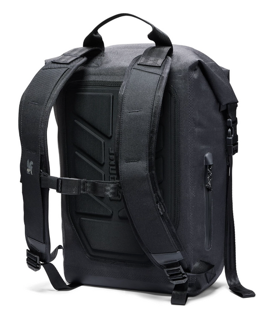 Black backpack with visible branding on a white background