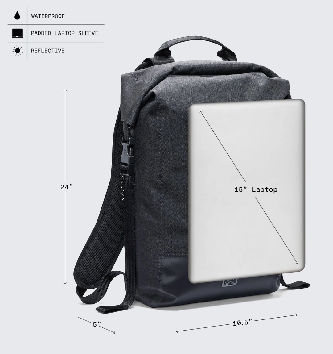 Black backpack with a laptop slot, showing dimensions and features on a white background