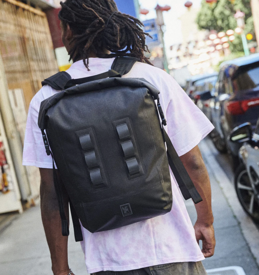 Person wearing a black backpack on a city street