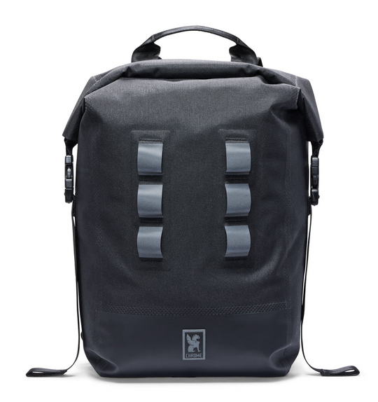 Black backpack with gray straps on a white background
