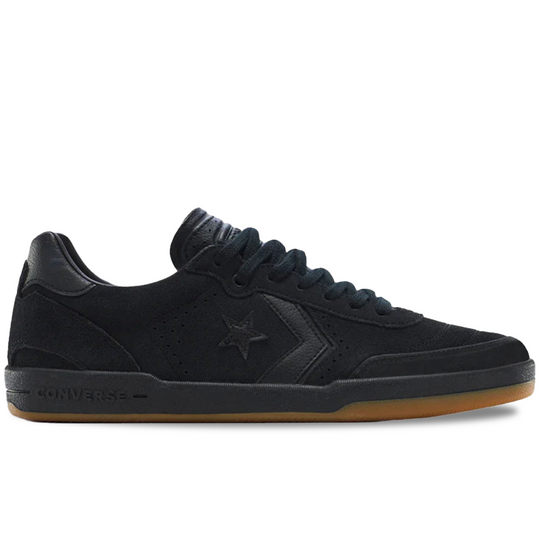 Black sneaker with brown sole on a white background