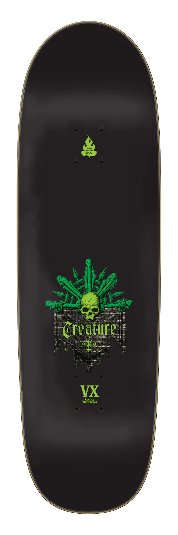 Black skateboard deck with green graphics and &