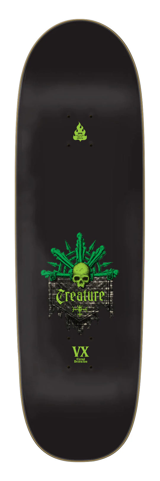 Black skateboard deck with green graphics and &