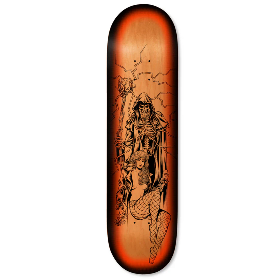 Skateboard deck with a black and white illustration of a skeleton and a woman on an orange background
