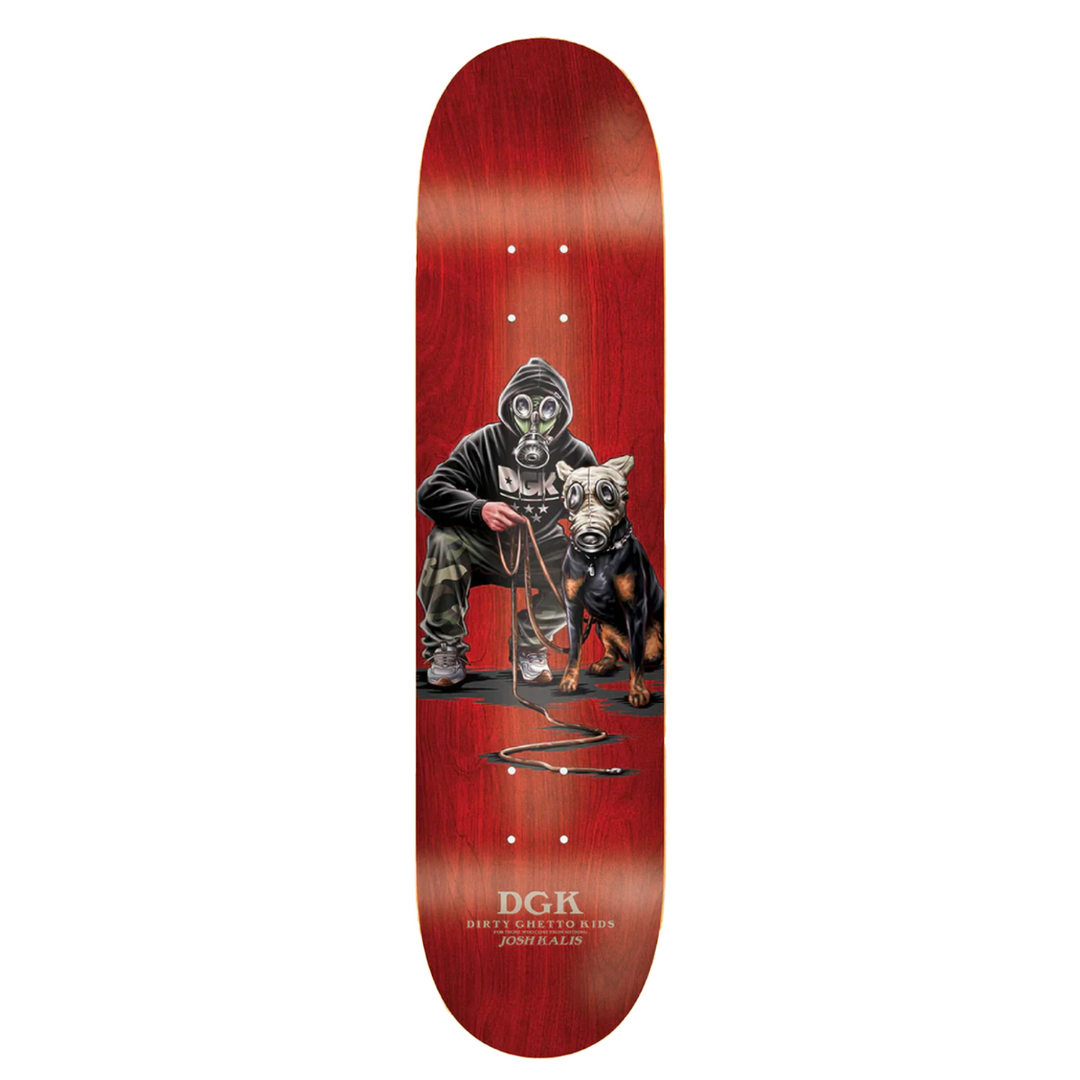 Skateboard deck with a graphic of a person and dog wearing gas masks on a red background