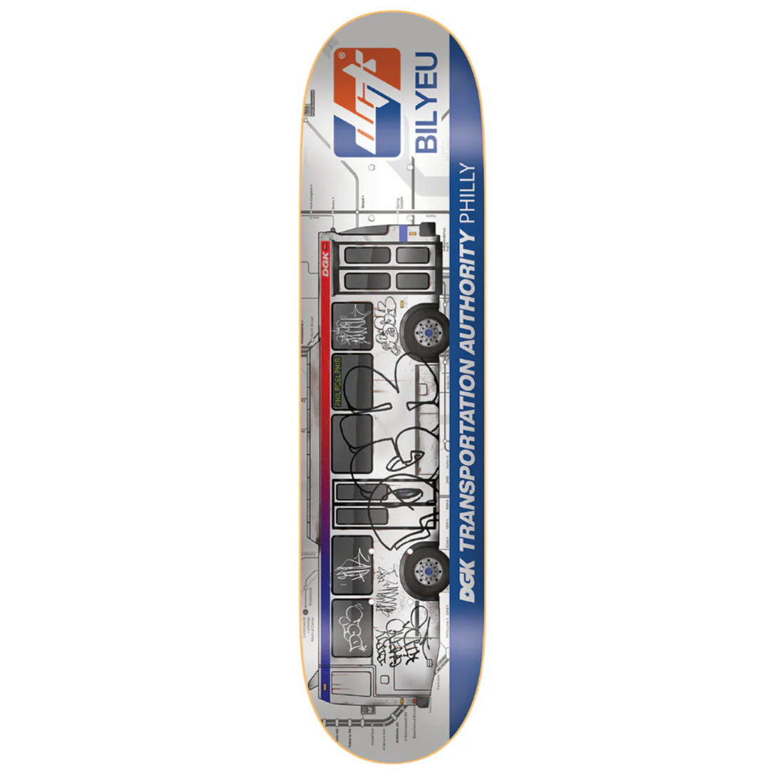Skateboard deck with graphic design and branding on a bus