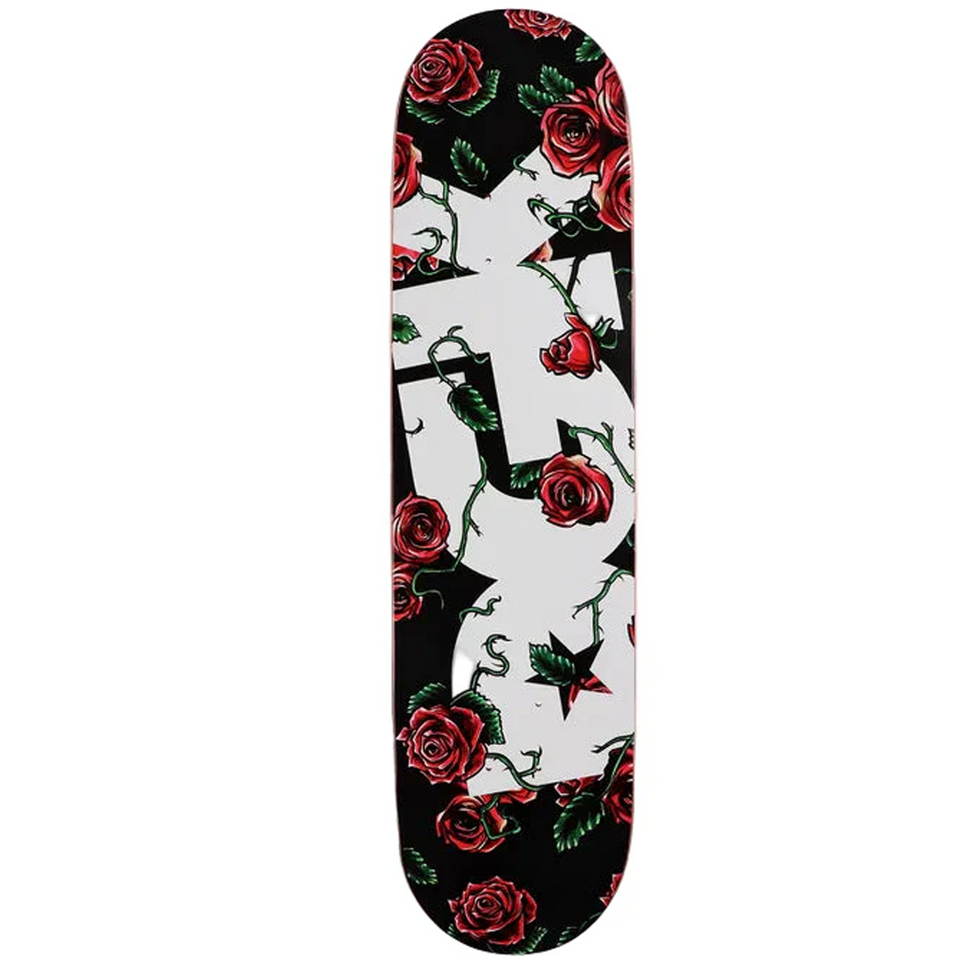 Skateboard deck with red roses and black cat design on a white background