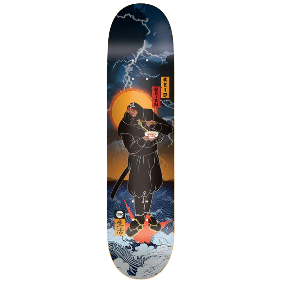 Skateboard deck with a ninja design against a sunset and wave background