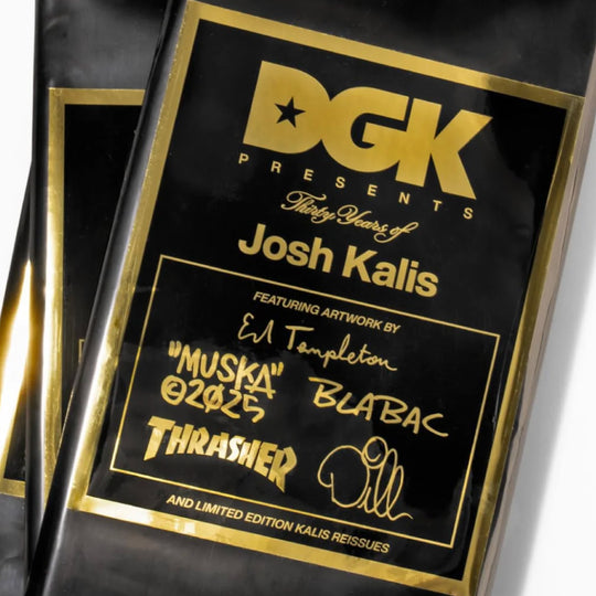 Black and gold DGK packaging featuring Josh Kalis and Thrasher branding.