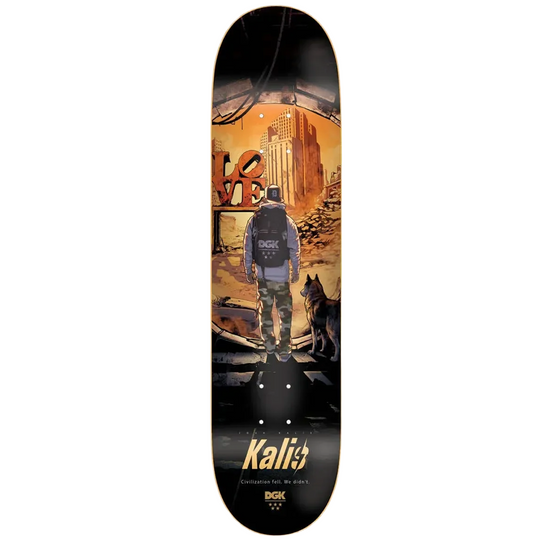 A skateboard deck featuring a graphic illustration of a soldier from behind looking at a city street with graffiti, a dog, and a bus, with the brand name &