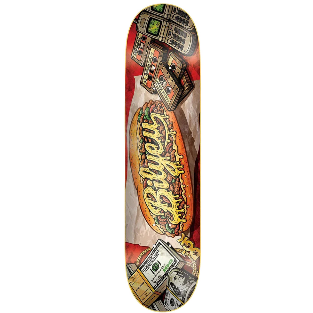 A skateboard deck featuring a colorful graphic design with a hot dog, cassette tapes, a flip phone, and stacks of cash, with the word &