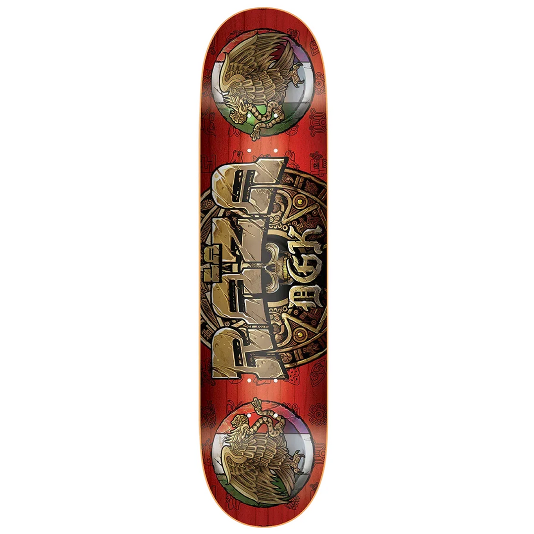 A red skateboard deck with ornate gold and black graphics, featuring a central stylized &