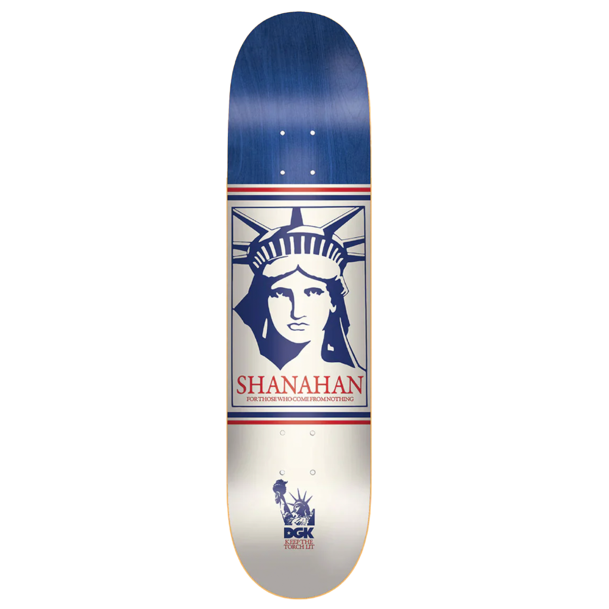 Skateboard deck with Statue of Liberty design and 'Shahanan' branding on a white background