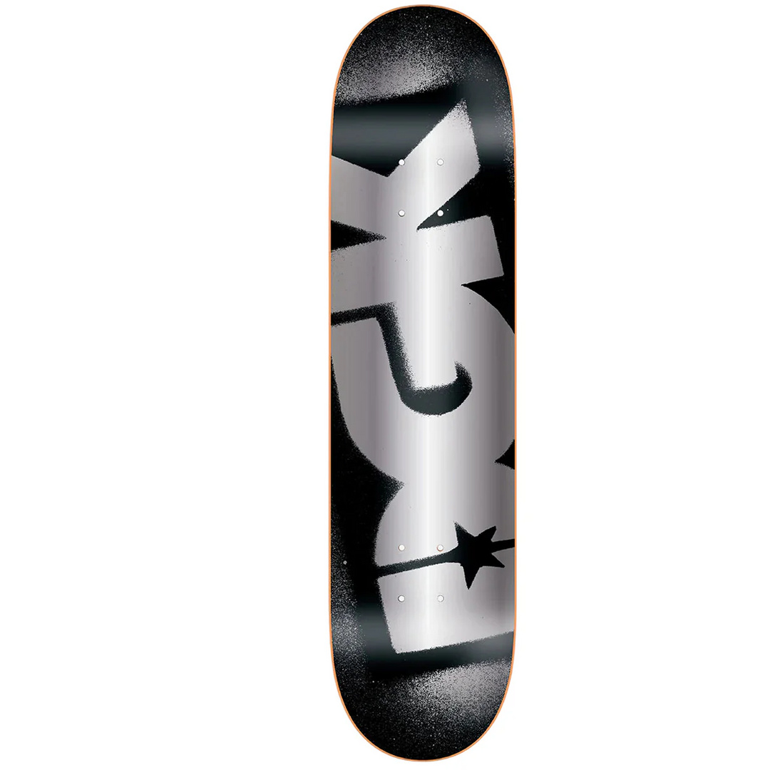 Skateboard deck with a black and white logo on a white background
