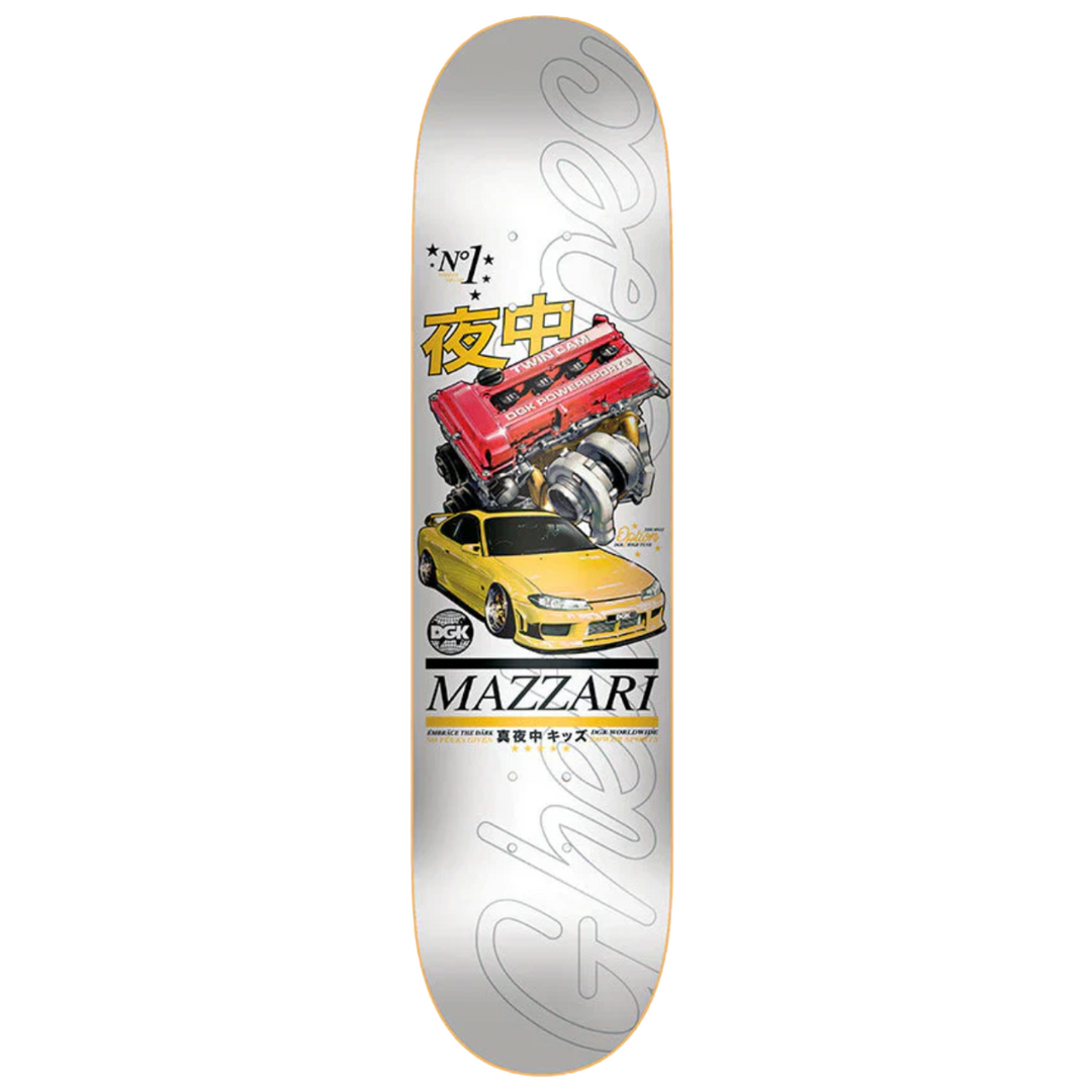 Skateboard deck with car and engine design on a white background