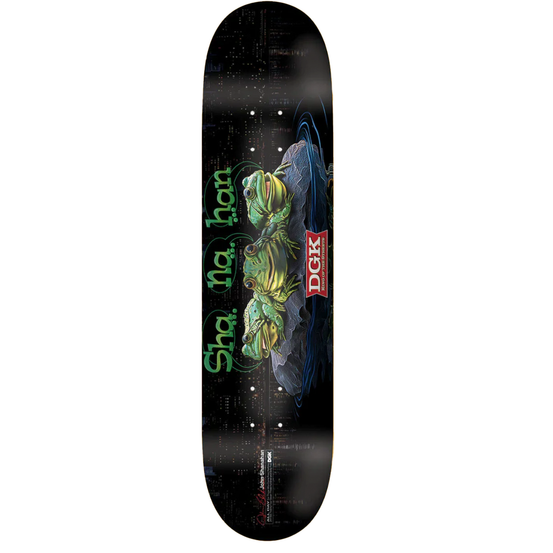 Skateboard deck with green frog design and DGK logo on a black background