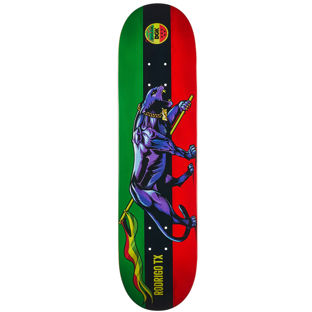 Skateboard deck with a panther design on a green, red, and black striped background