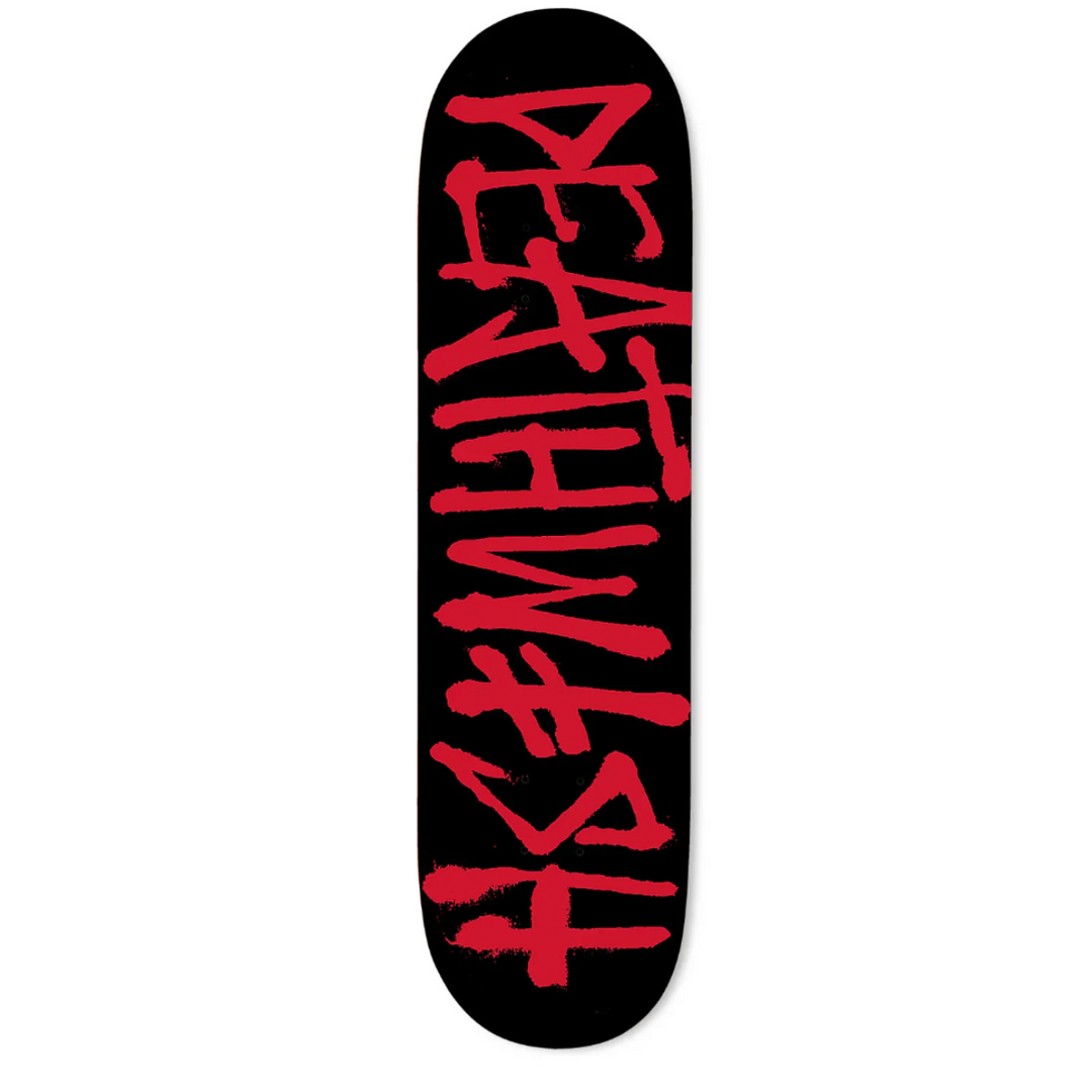 Black skateboard deck with red 'DEATH WISH' logo on a white background