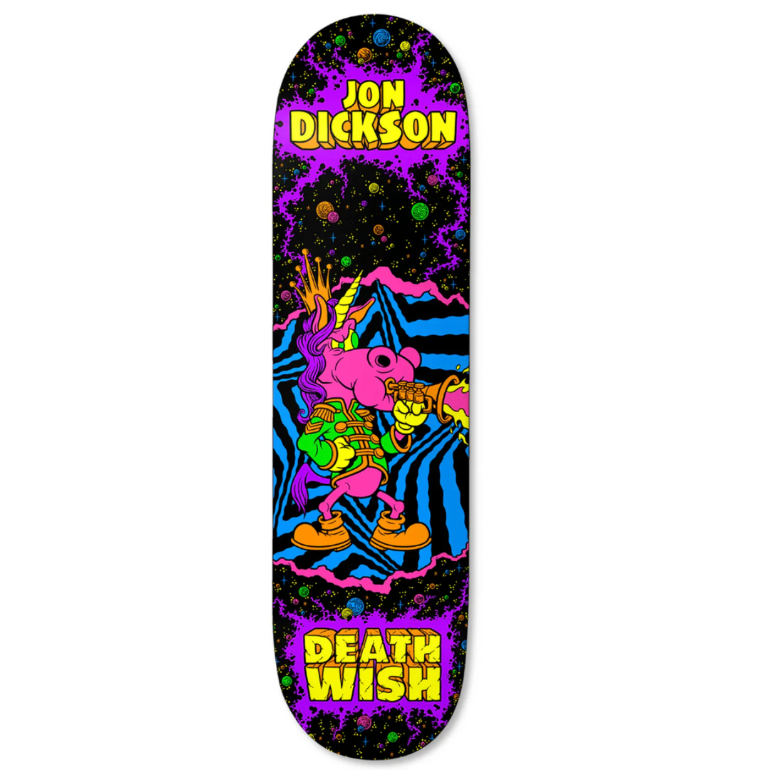 Colorful skateboard deck with cartoon characters and 'Death Wish' branding on a white background