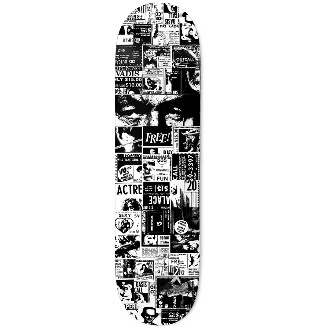 Skateboard deck with black and white collage design on a white background