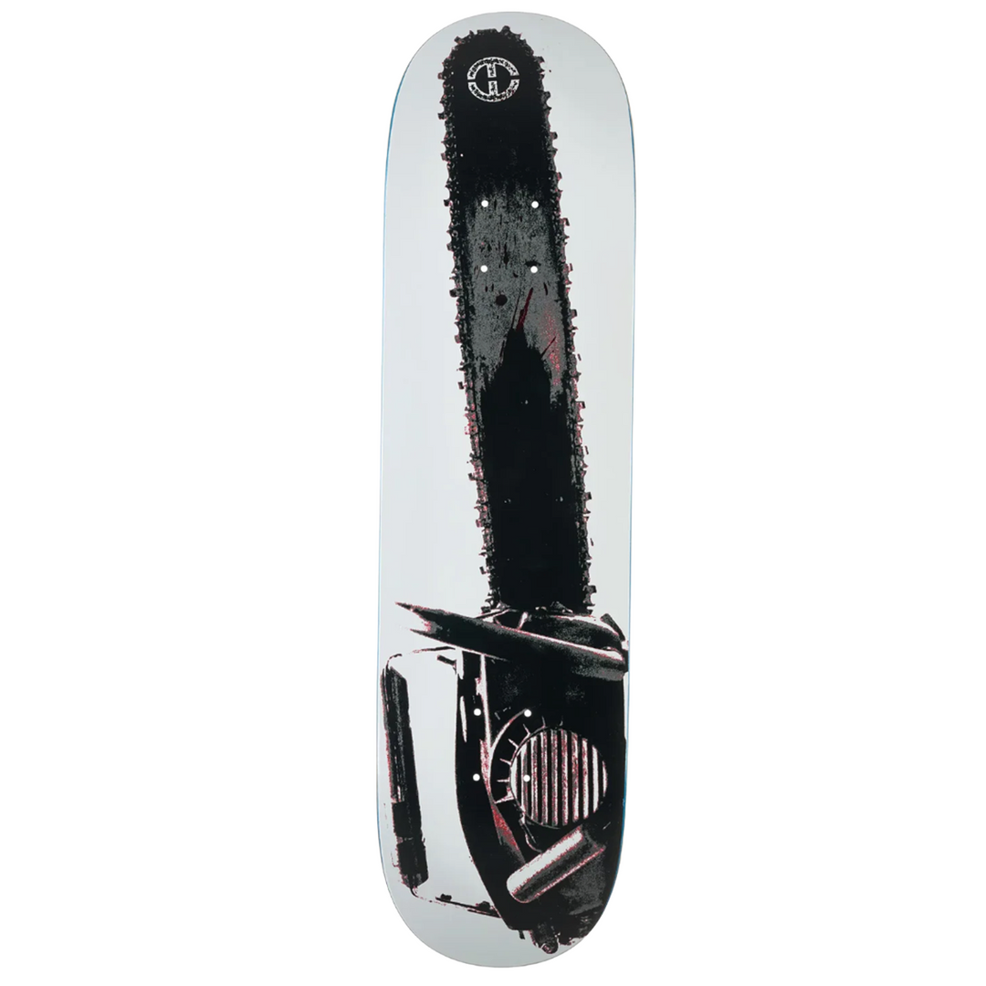 Skateboard deck with black and white design on a white background