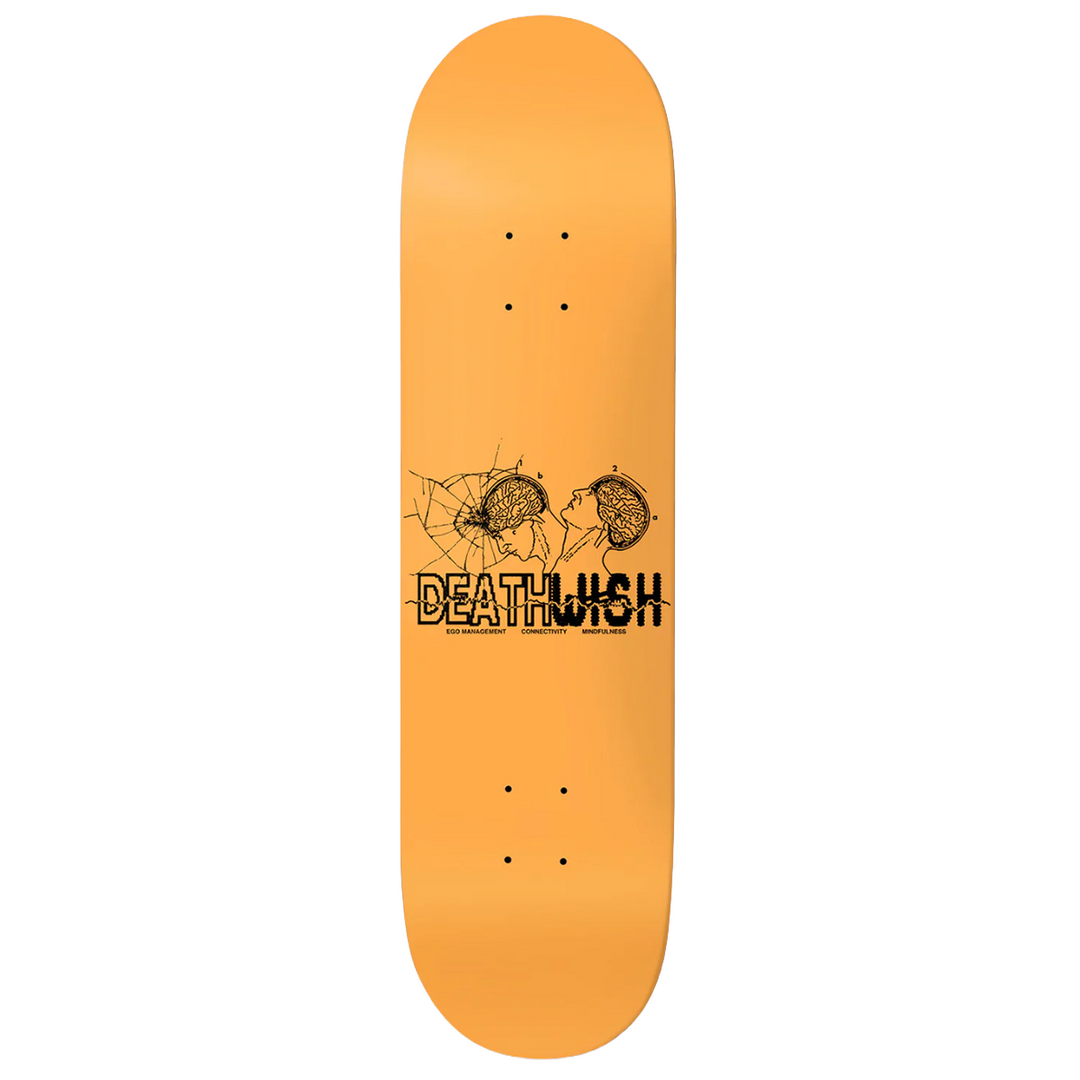 Orange skateboard deck with 'Deathwish' logo on a white background