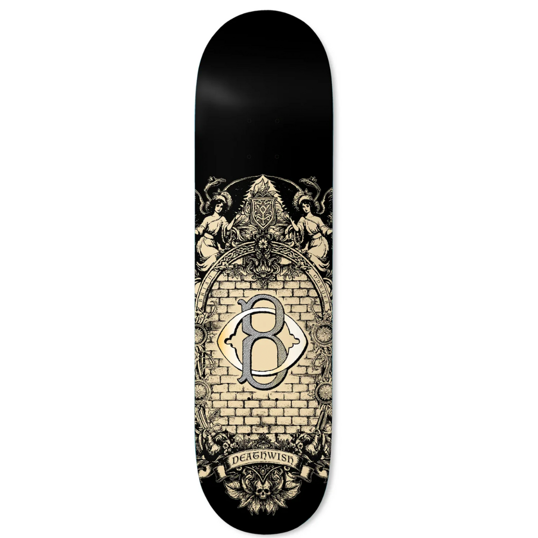 Skateboard deck with intricate design and 'B' logo on a white background