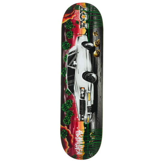 Skateboard deck with colorful design and &