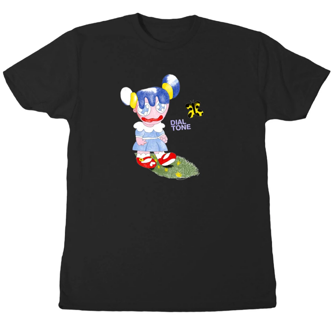 Black t-shirt with a colorful cartoon character and 'Dial Tone' text 