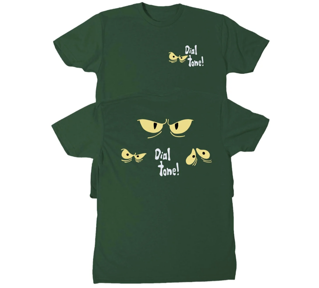 Two green t-shirts with a graphic design and text 
