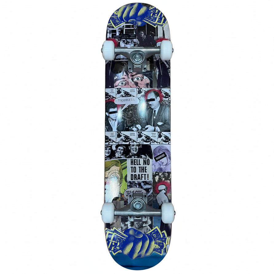 Skateboard with a colorful graphic design on a white background