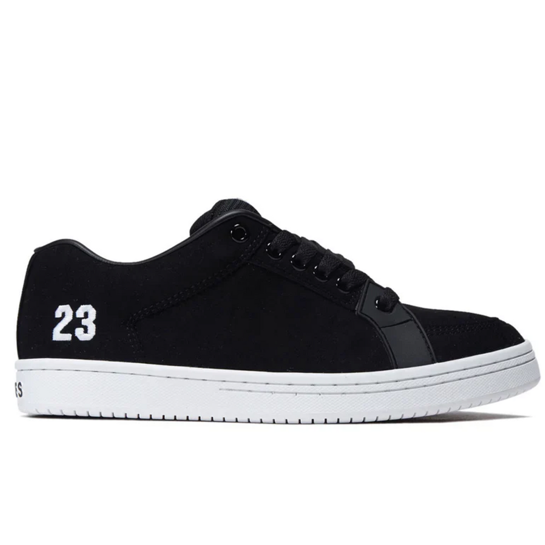 Black sneaker with white sole and number 23 on a white background