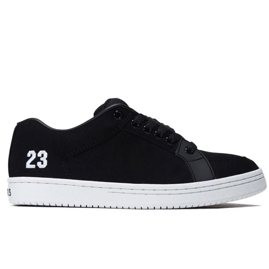 Black sneaker with white sole and number 23 on a white background