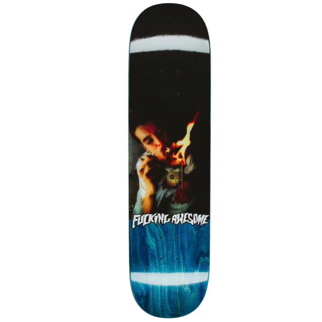 Skateboard deck with a graphic design and 'Fucking Awesome' text on a white background