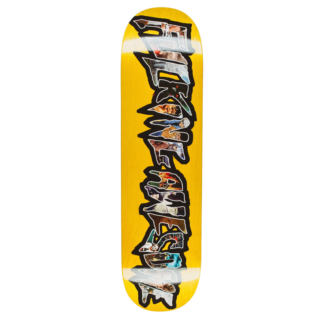 yellow Fucking Awesome skateboard deck with an collage of pictures in the logo font