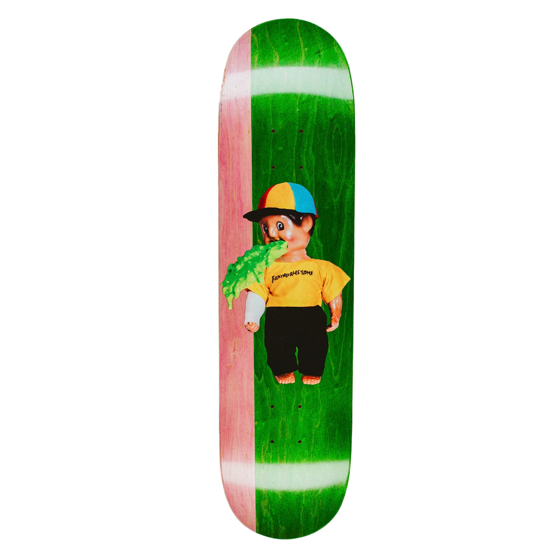 Skateboard deck with a colorful graphic of a person holding a plant on a green and pink background