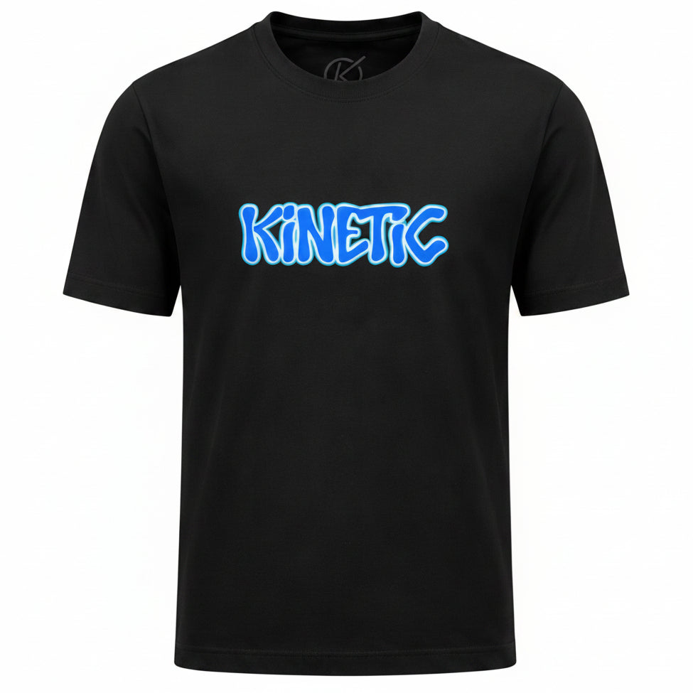 Black t-shirt with blue 'Kinetic' logo on a white background