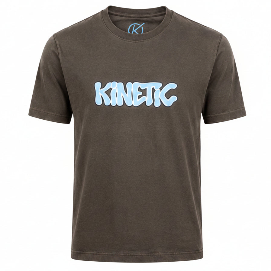 Brown t-shirt with 'Kinetic' logo on a white background